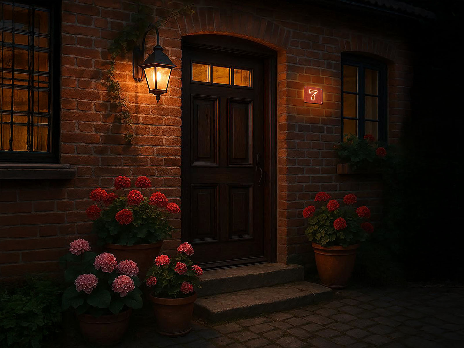 LED-huisnummerbord 7 op landelijke woning met rode baksteen