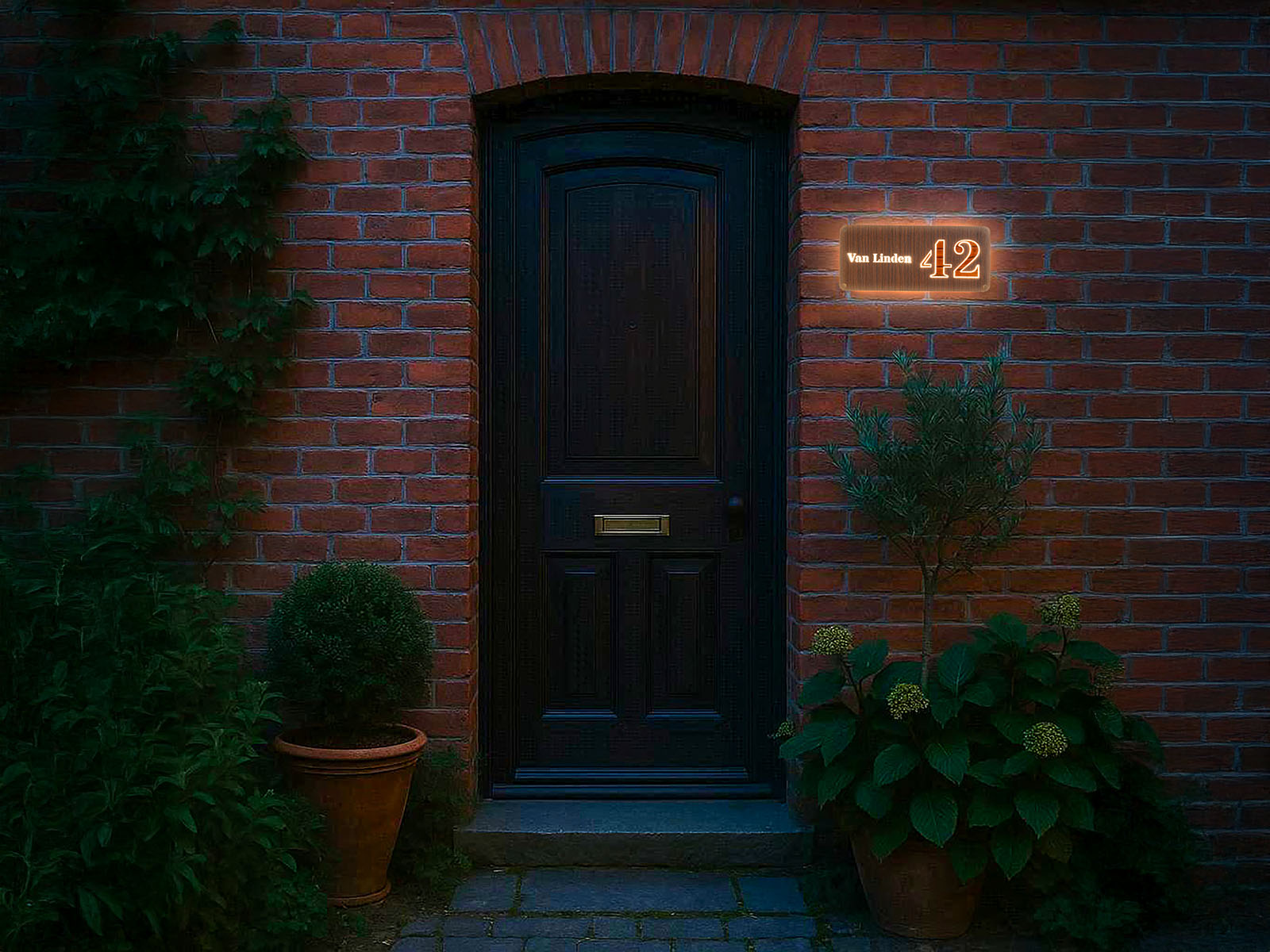 Luxe LED-huisnummerbord Walnut Stripy – model Van Linden 42 – begin van de avond – op bakstenen gevel.