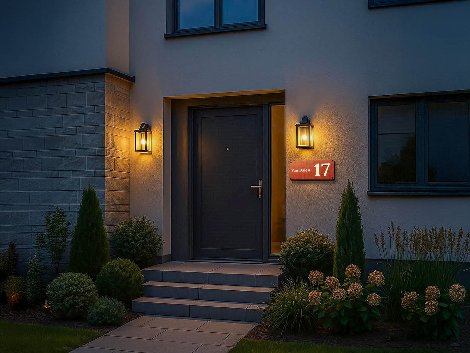 LED-huisnummerbord Van Dalen 17 op moderne stadswoning