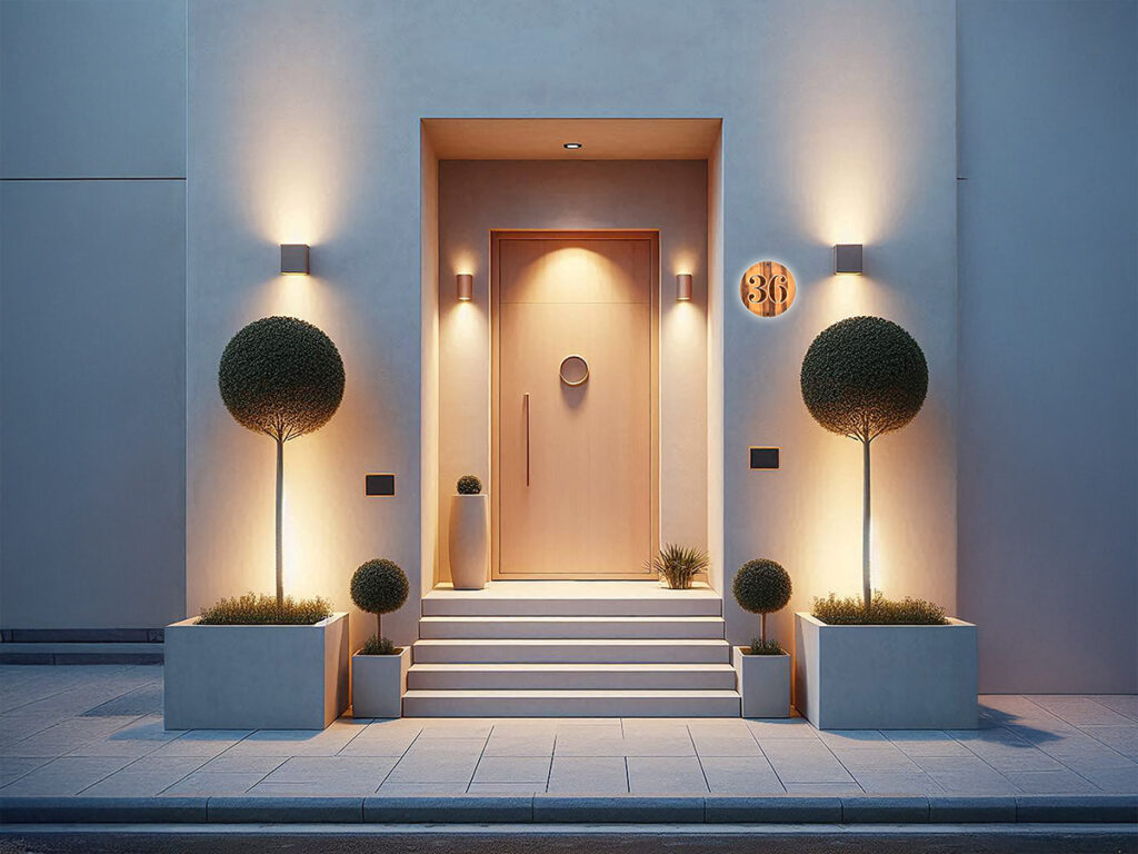 Modern LED-huisnummerbord in ronde vorm met licht fineer – nummer 36 – IllumaSign by Elyssa